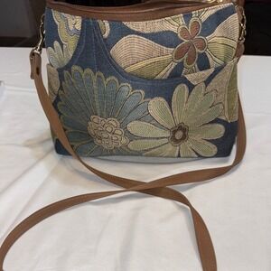 Danny K Beverly Hills Floral Tapestry Crossbody Bag Blue Green Made in USA